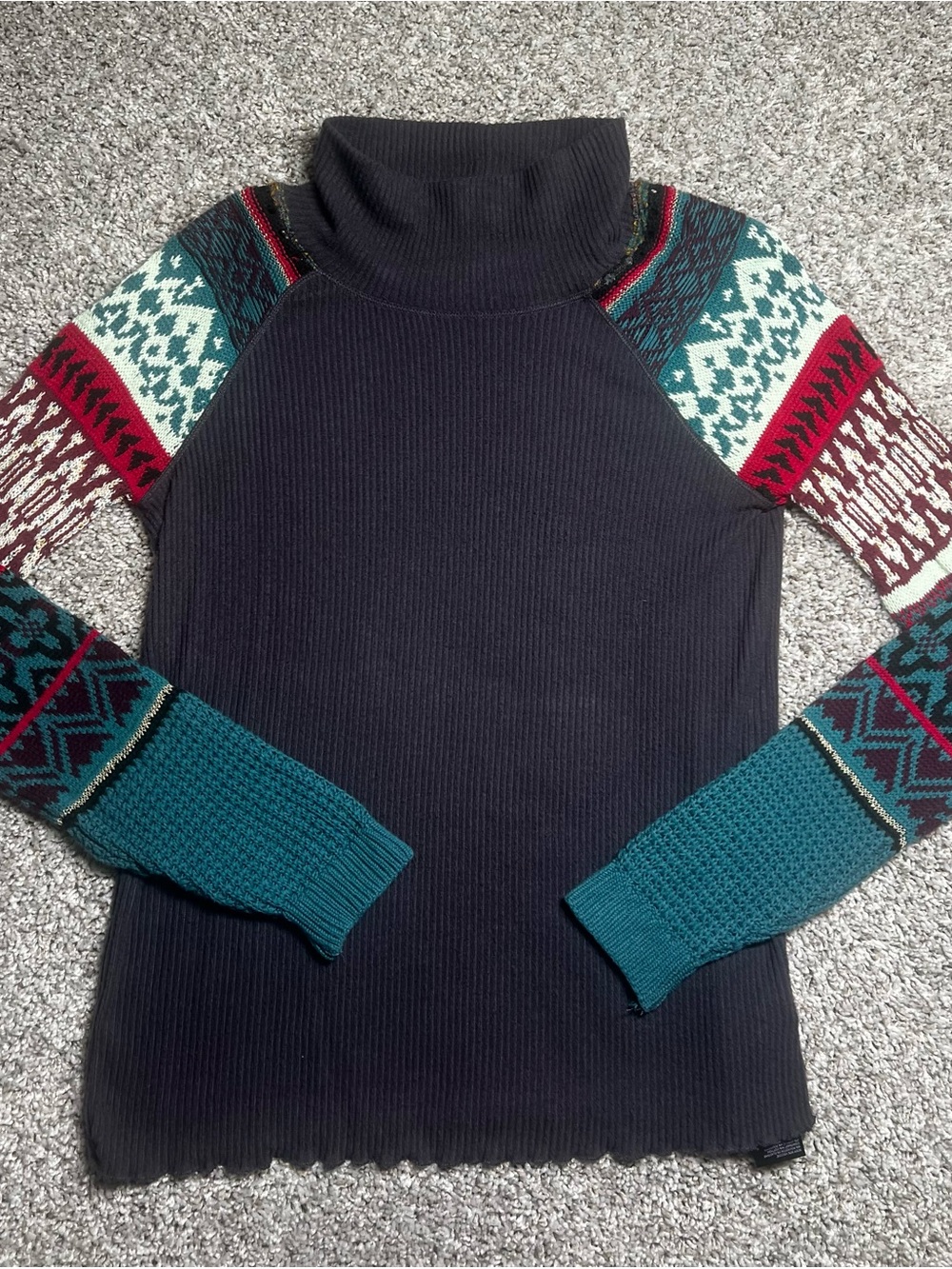 Free people Navy Turtleneck Sweater with Patterned Sleeves